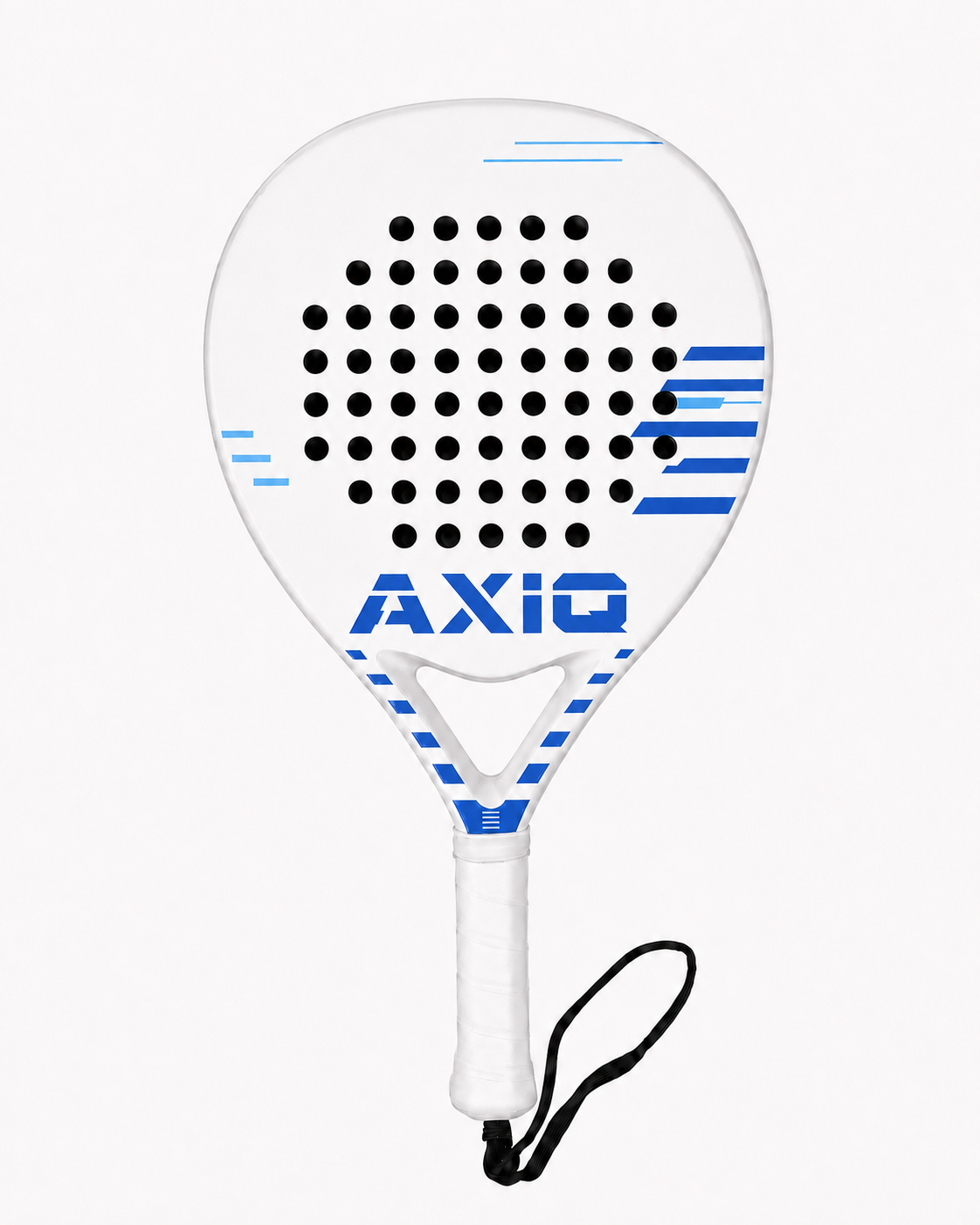 White-frame custom padel racket with blue AXIQ example artwork and an open triangular throat