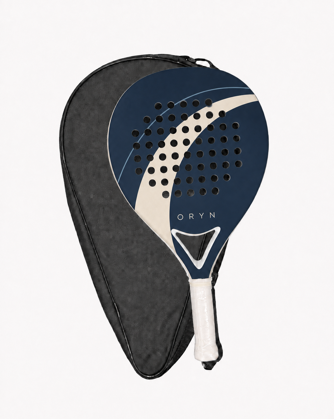 Custom padel racket with navy and ivory ORYN example artwork, white grip, and a plain black protective bag